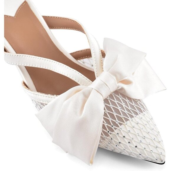 🆕Women White Faux Leather Heeled Mules Kitten Heel Pointed Toe Mesh Bow Sandals - Picture 5 of 5